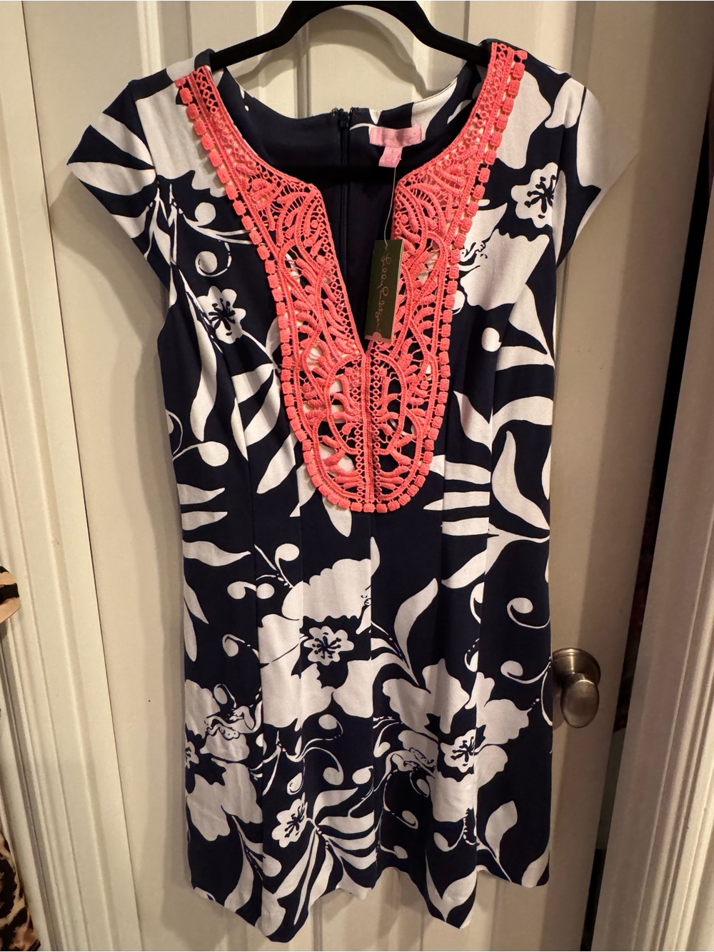 Lilly Pulitzer Navy & White Floral Mini Dress with Coral Crochet Neckline